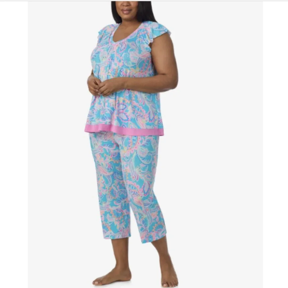 Ellen Tracy Plus Size Short Sleeve Cropped Pajama Set, Multi, NWT - Picture 2 of 3